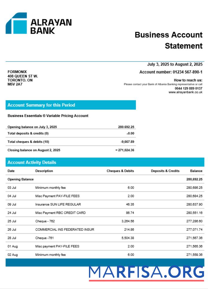 Blank United Kingdom Al Rayan organization account statement Word and PDF template
